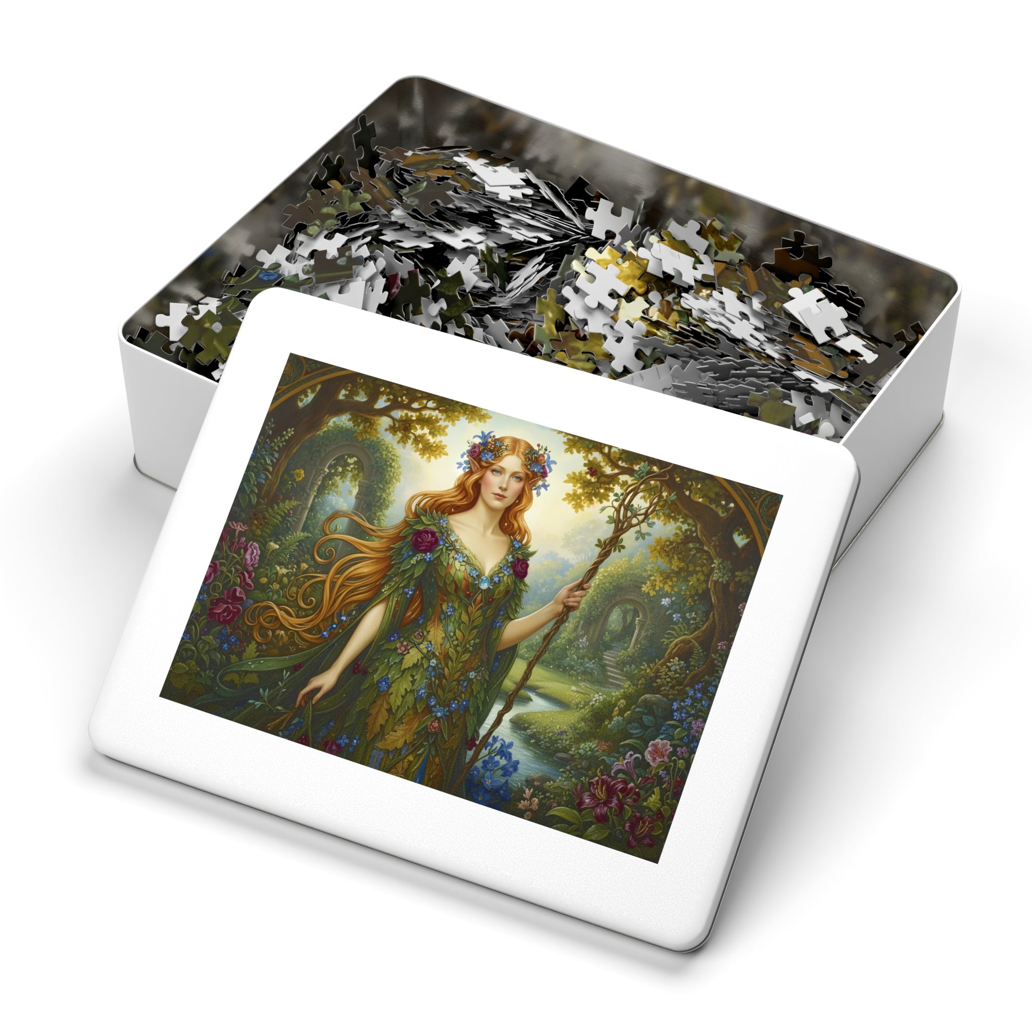 Jigsaw puzzle set with a 'Majestic Elven Queen of Isekai Fantasy Forest' design on a white background