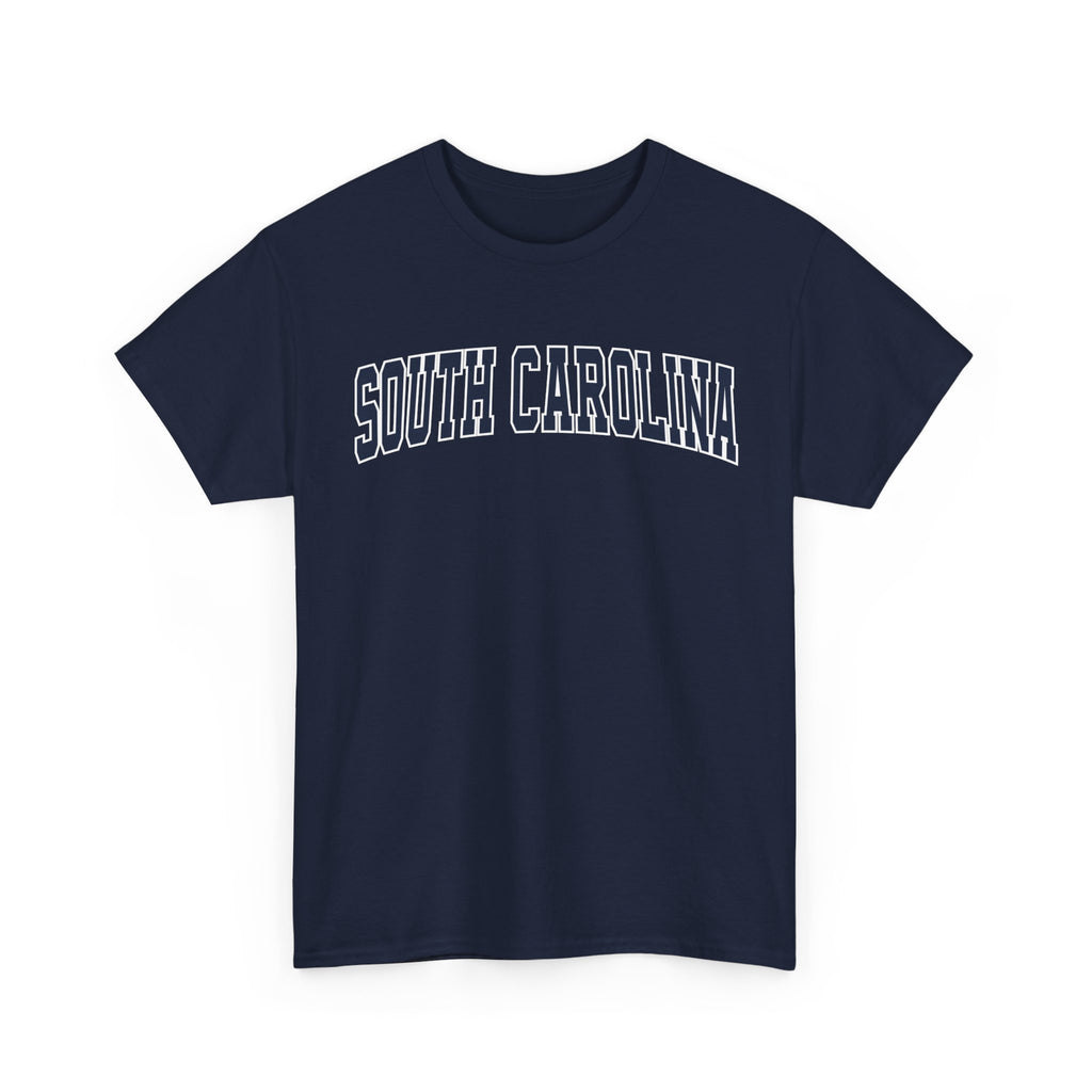Navy blue t-shirt with 'SOUTH CAROLINA' text on a white background