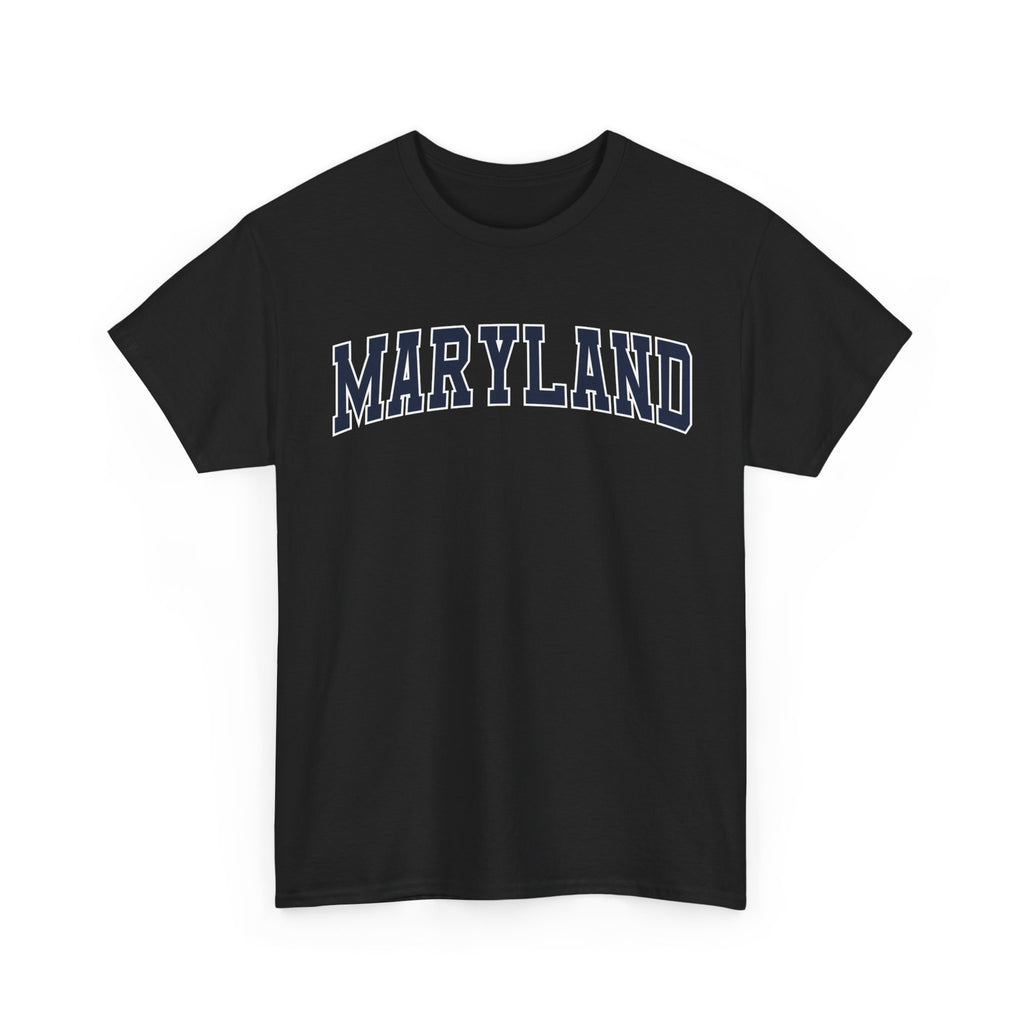 Black t-shirt with 'MARYLAND' text on a white background