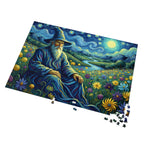 Jigsaw puzzle with a colorful design of a man in a hat sitting in a field with flowers and a starry night sky.