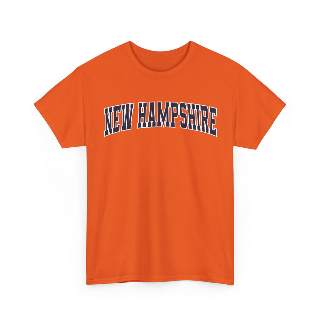 Orange t-shirt with 'NEW HAMPSHIRE' text on a white background