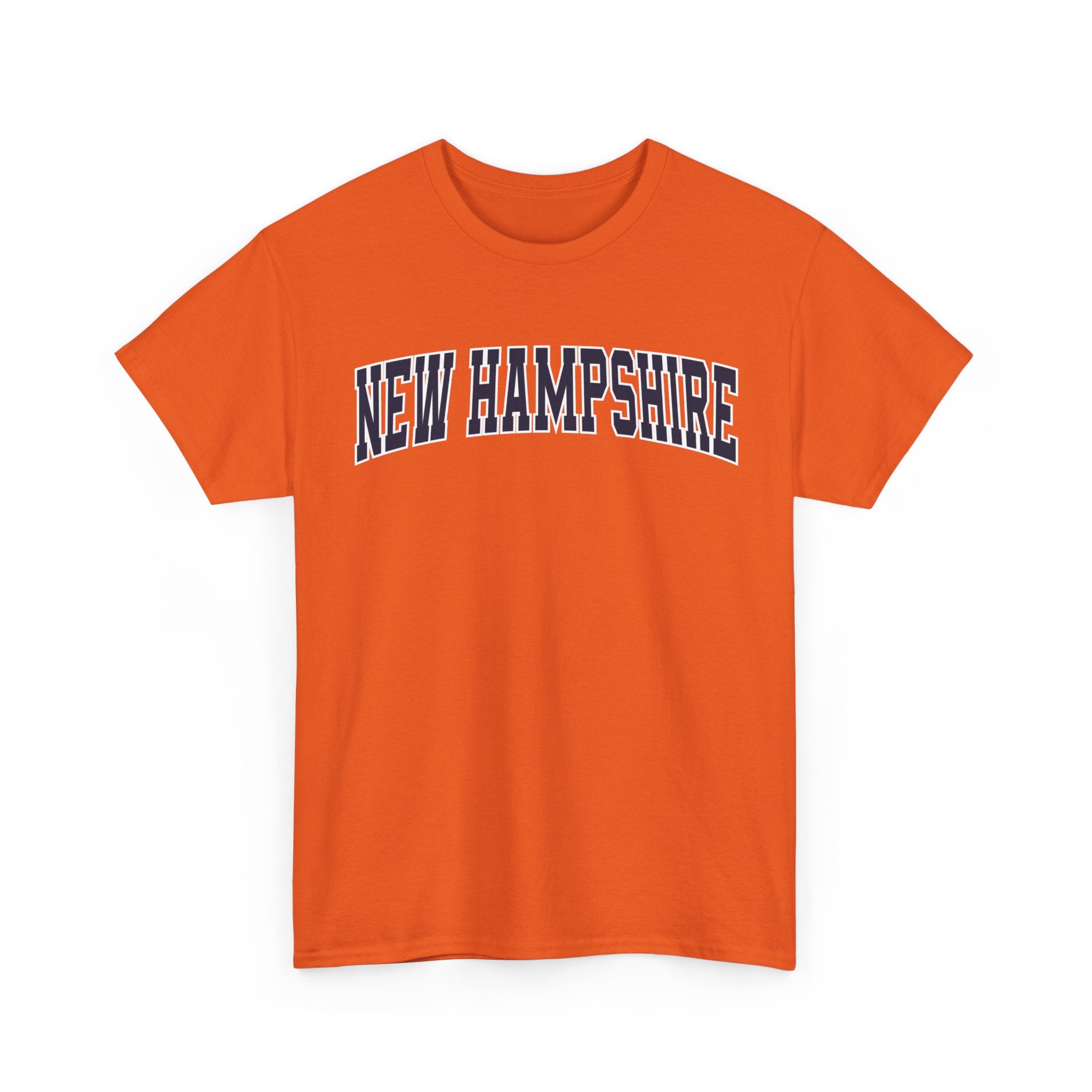 Orange t-shirt with 'NEW HAMPSHIRE' text on a white background