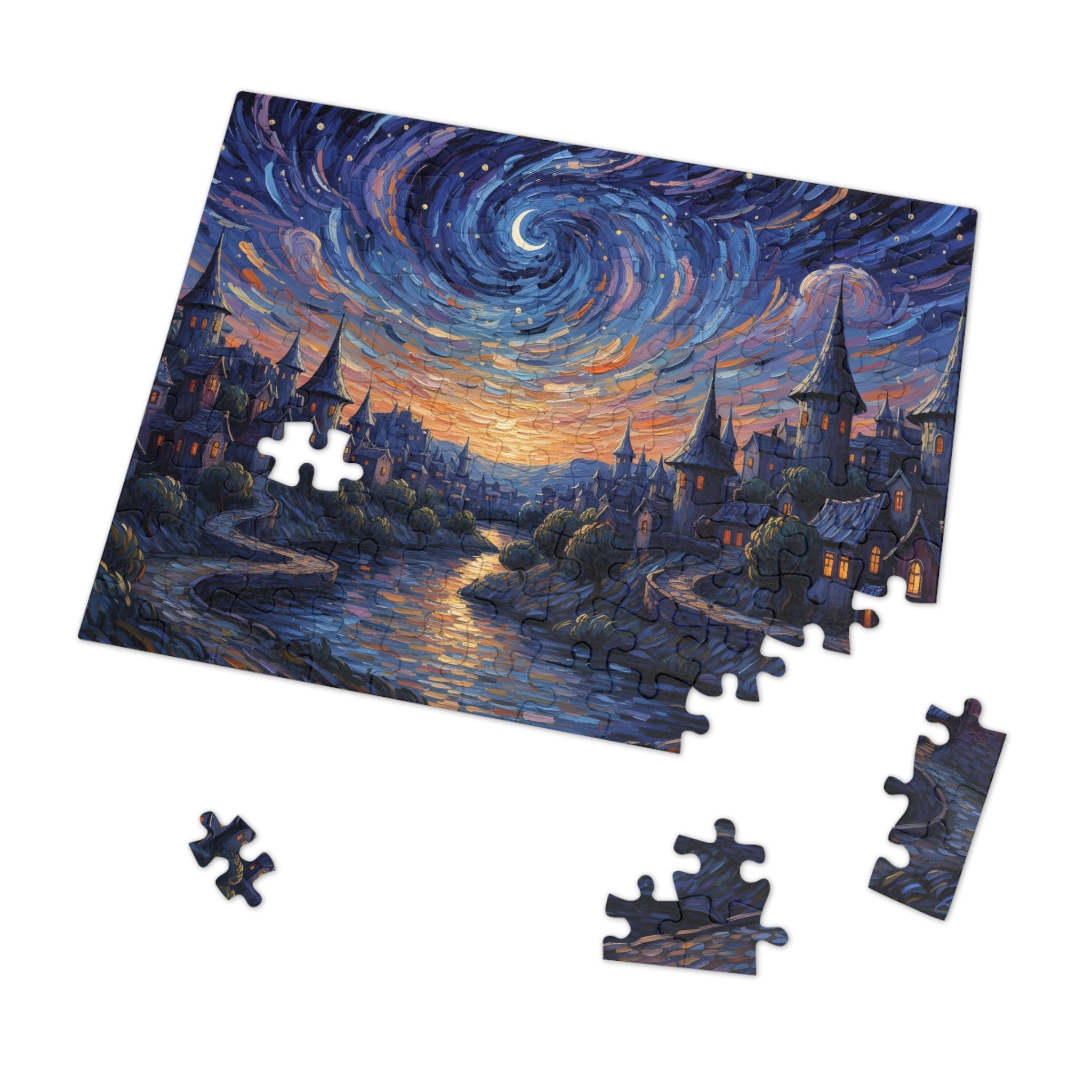 Jigsaw puzzle with a completed section of a starry night scene over a village.