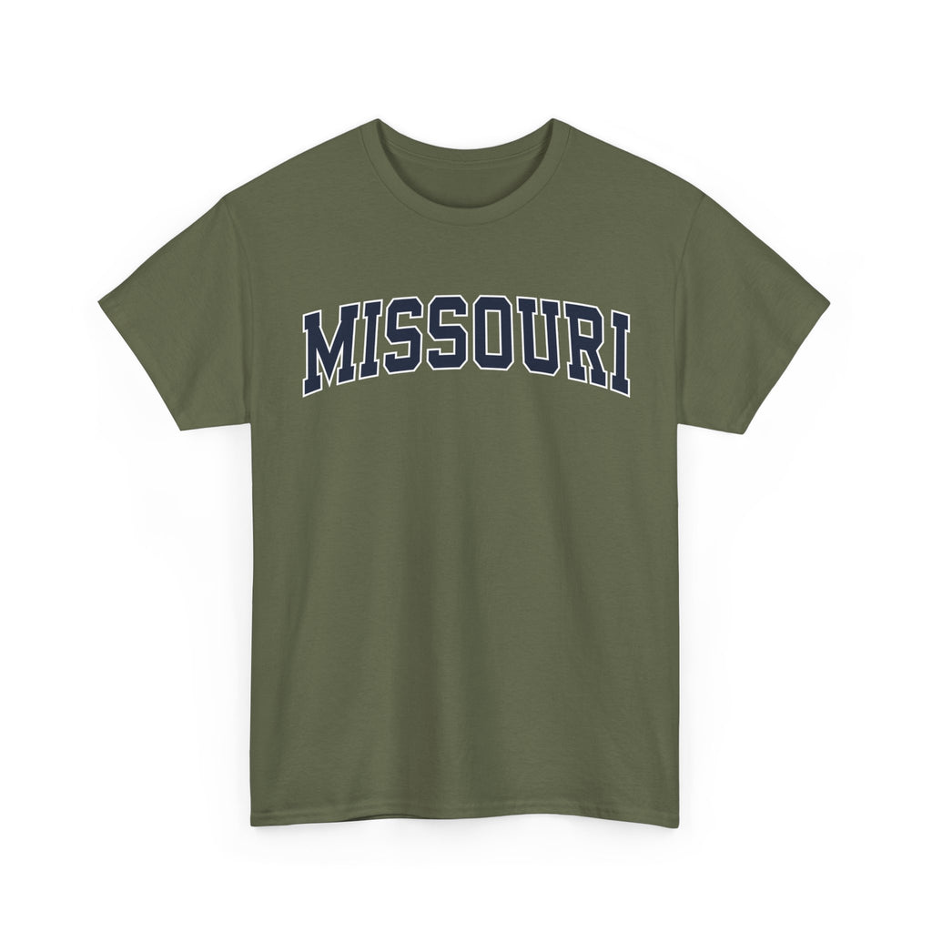 Green t-shirt with 'MISSOURI' printed on it against a white background