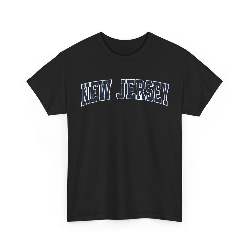 Black t-shirt with 'NEW JERSEY' text on a white background