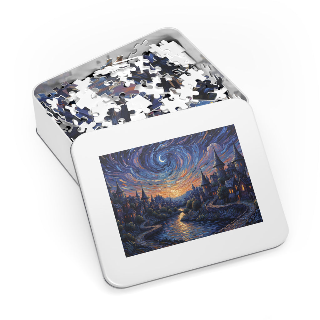 Jigsaw puzzle set with a completed puzzle piece showing a starry night cityscape design.