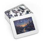 Jigsaw puzzle set with a completed puzzle piece showing a starry night cityscape design.