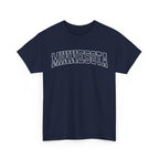 Navy blue t-shirt with 'MINNESOTA' text on a white background