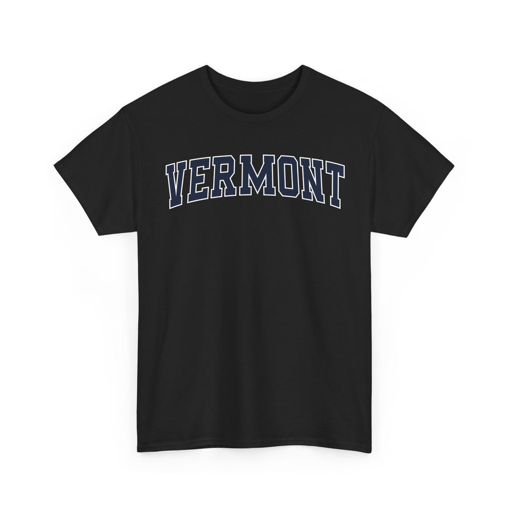 Black t-shirt with 'VERMONT' printed on a white background