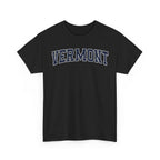 Black t-shirt with 'VERMONT' printed on a white background