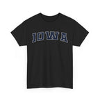 Black t-shirt with 'IOWA' printed on a white background
