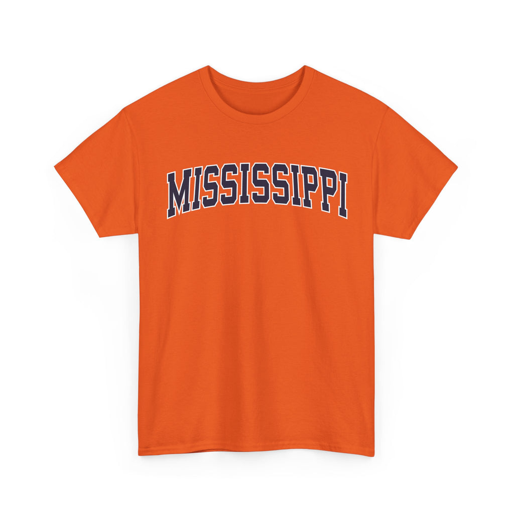 Orange t-shirt with 'MISSISSIPPI' printed on it against a white background