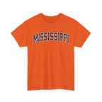 Orange t-shirt with 'MISSISSIPPI' printed on it against a white background