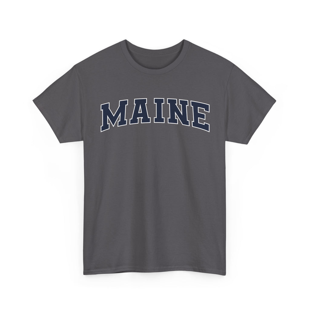 Charcoal t-shirt with 'MAINE' printed on it against a white background