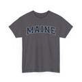 Charcoal t-shirt with 'MAINE' printed on it against a white background