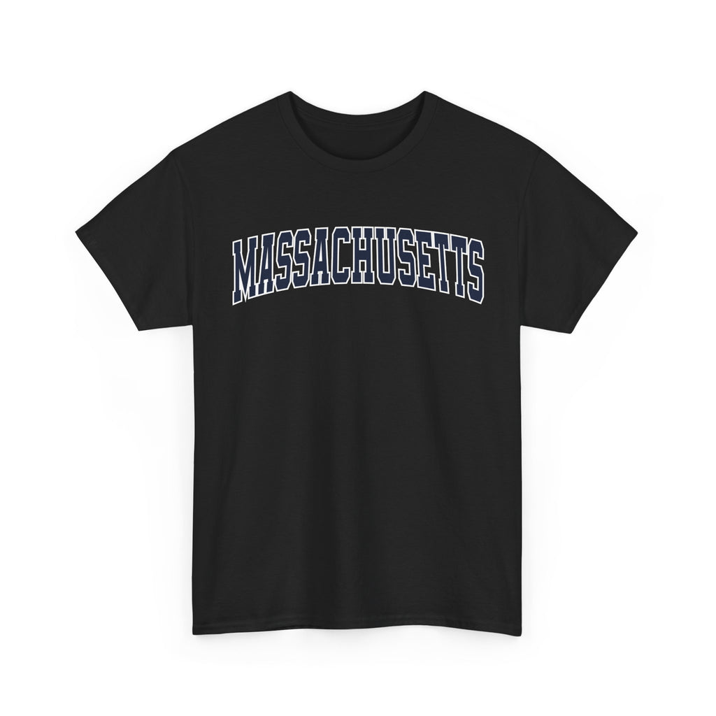 Black t-shirt with 'MASSACHUSETTS' text on a white background