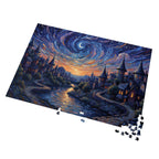 Jigsaw puzzle with a fantasy village scene under a starry sky