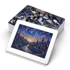 Jigsaw puzzle with a completed piece featuring a starry night scene and an unassembled puzzle in the background.