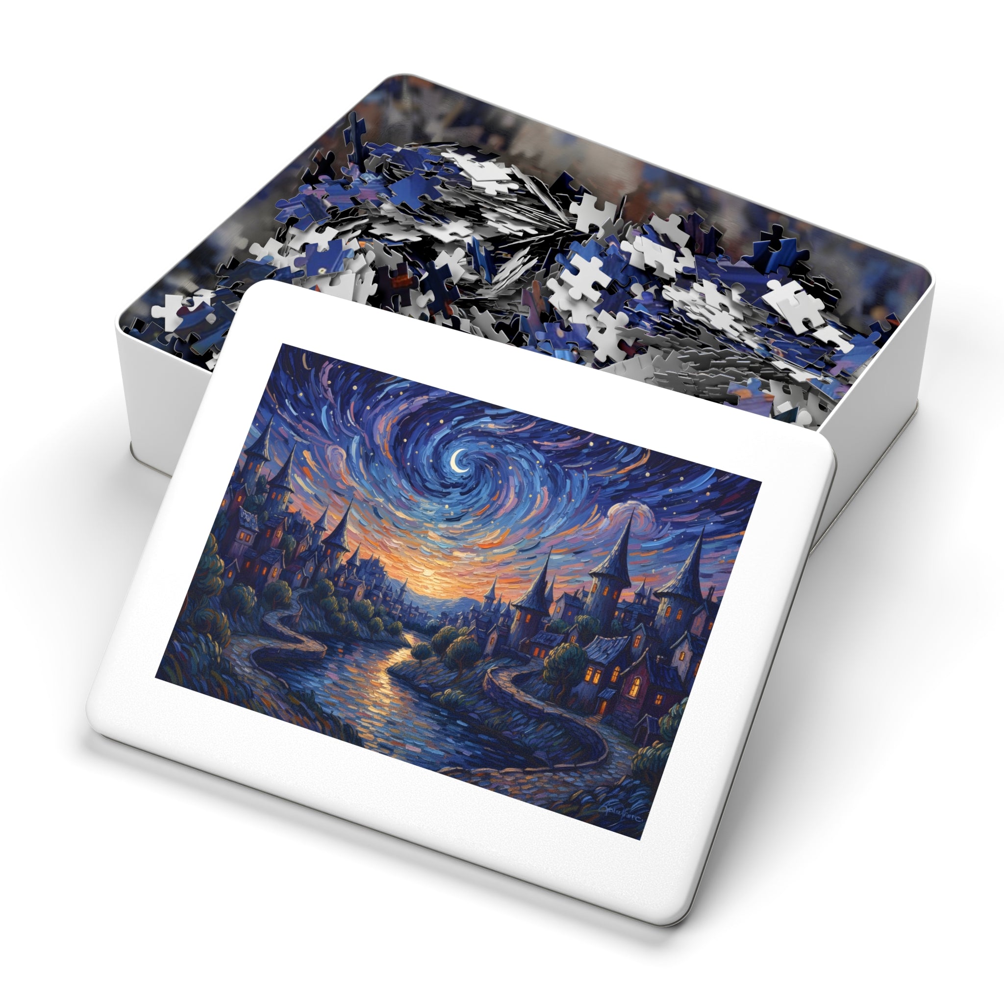 Jigsaw puzzle with a completed piece featuring a starry night scene and an unassembled puzzle in the background.