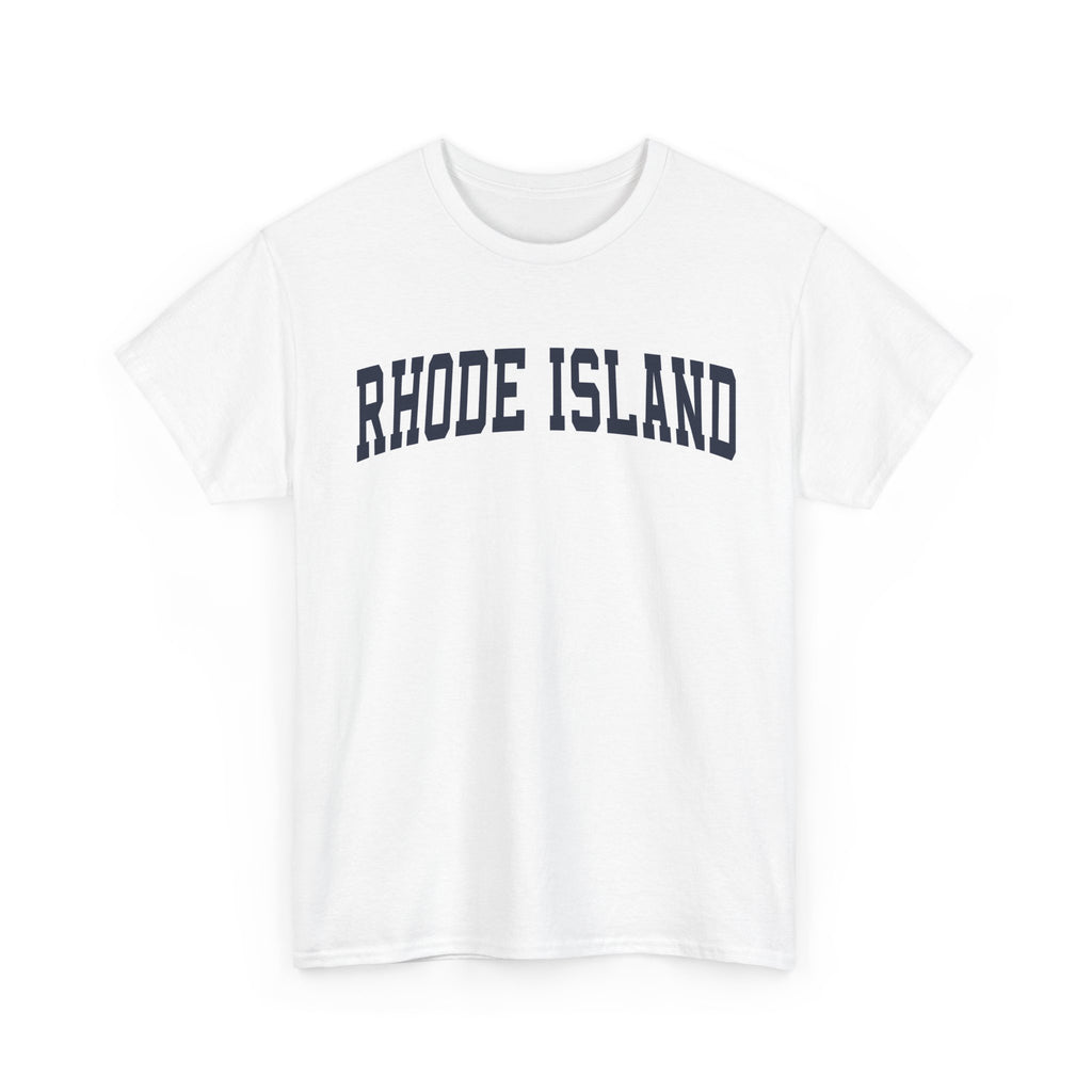 White t-shirt with 'RHODE ISLAND' text on a white background