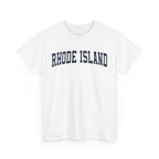 White t-shirt with 'RHODE ISLAND' text on a white background