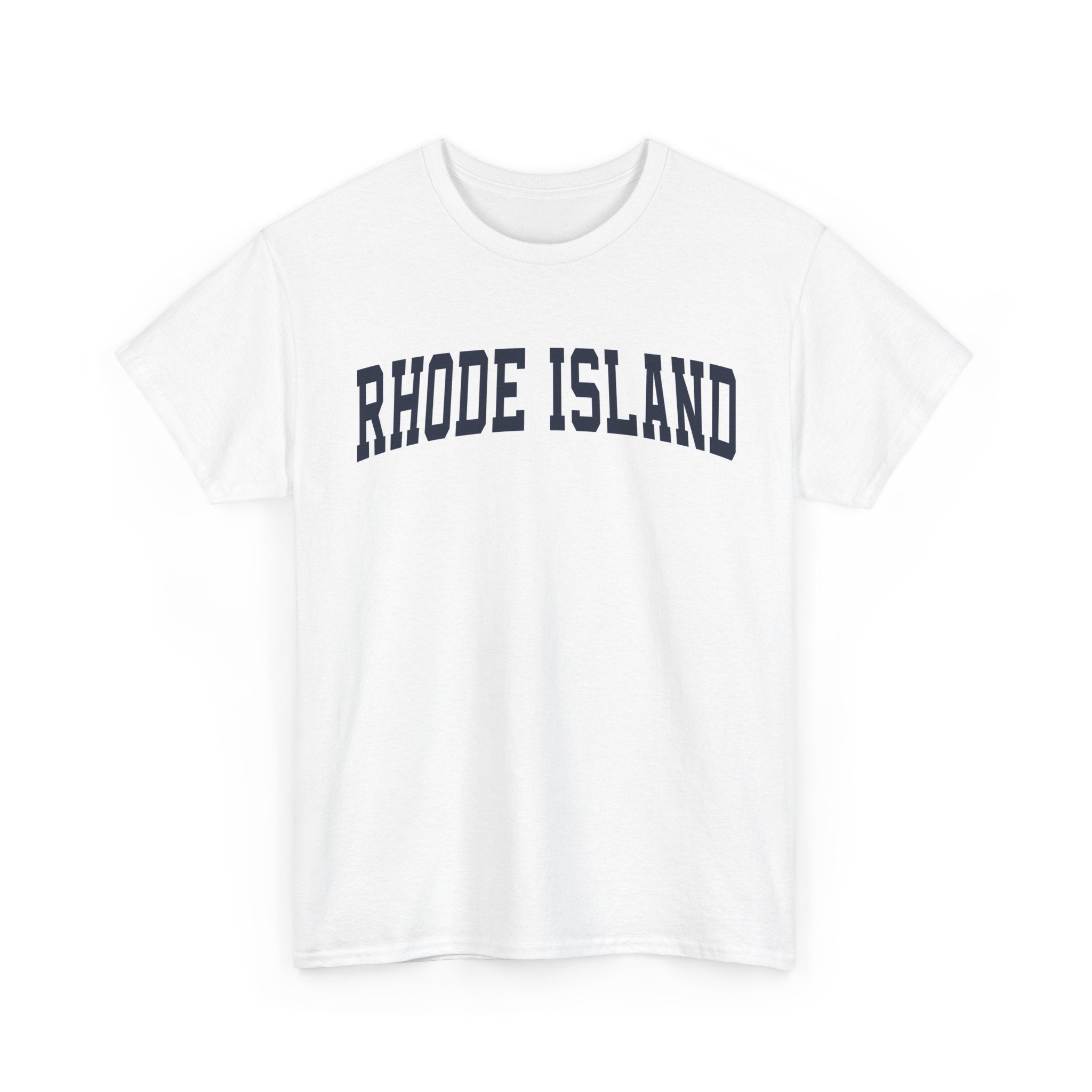 White t-shirt with 'RHODE ISLAND' text on a white background