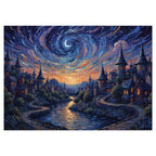 A jigsaw puzzles set of A vibrant fantasy city on a hillside at dusk, with cobbled streets and pointed roofs rendered in short, dashed brushstrokes, reminiscent of Van Gogh's "Starry Night Over the Rhône".