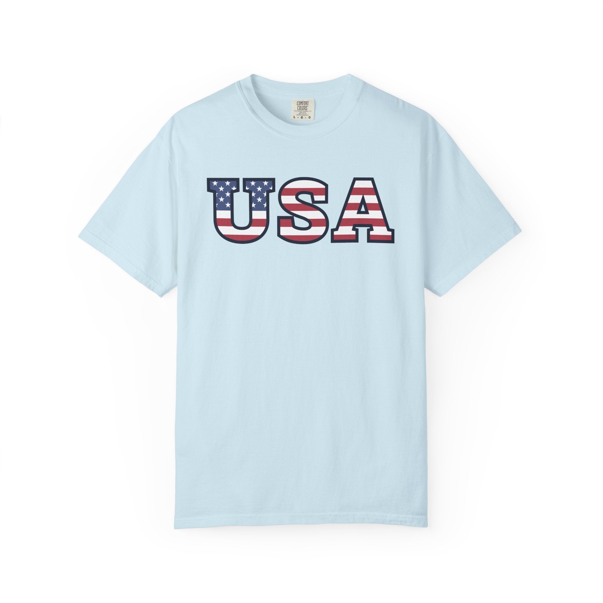 USA Typography Patriotic T-Shirt - Chambray / S