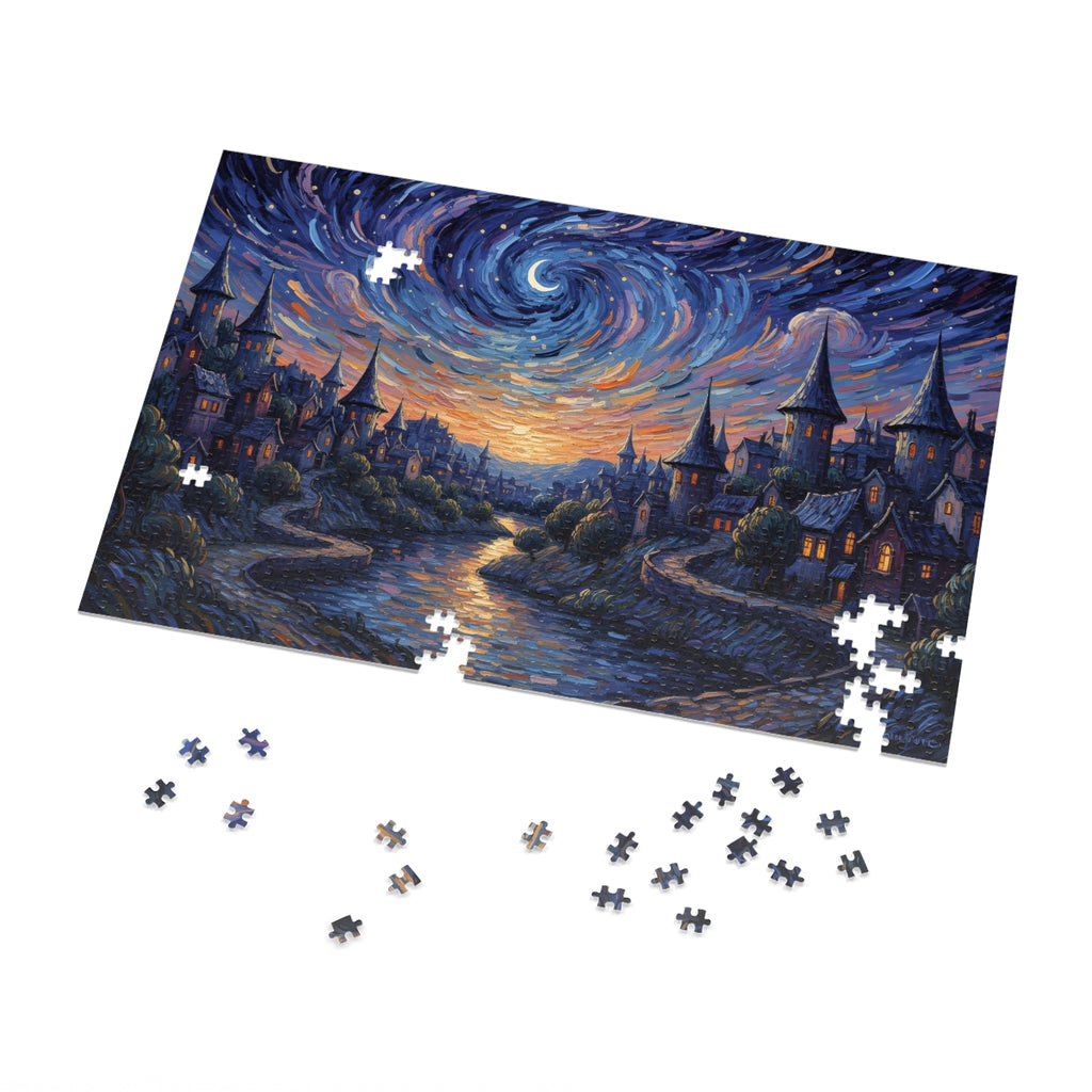 Jigsaw puzzle with a completed section of a night scene with houses and stars.