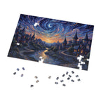 Jigsaw puzzle with a completed section of a night scene with houses and stars.