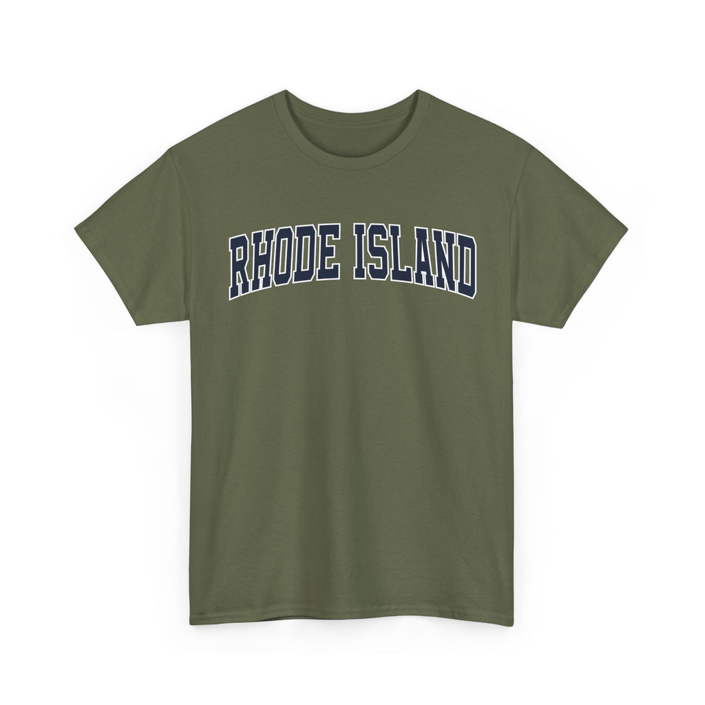 Green t-shirt with 'RHODE ISLAND' text on a white background