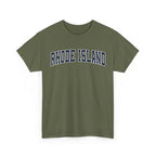 Green t-shirt with 'RHODE ISLAND' text on a white background