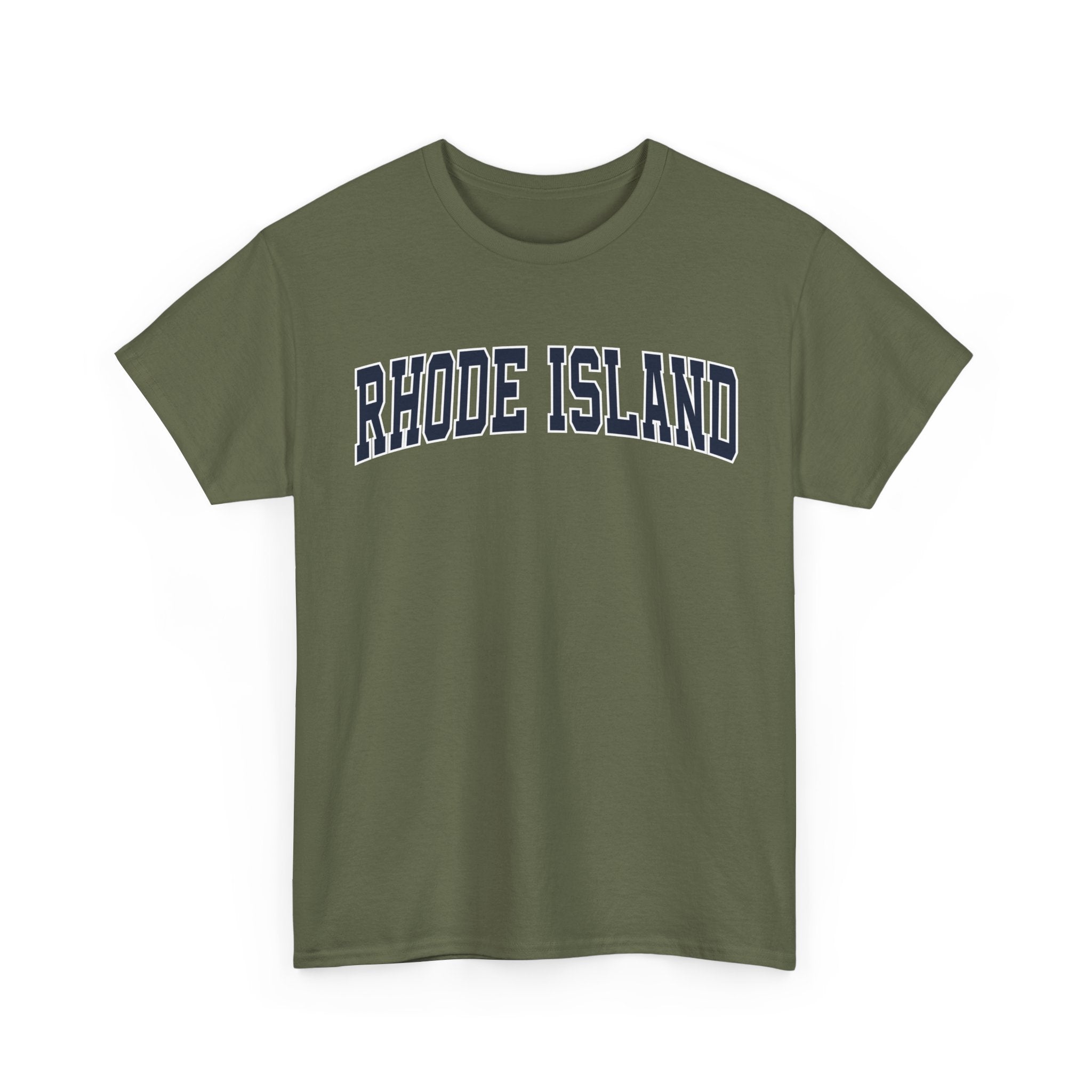 Green t-shirt with 'RHODE ISLAND' text on a white background