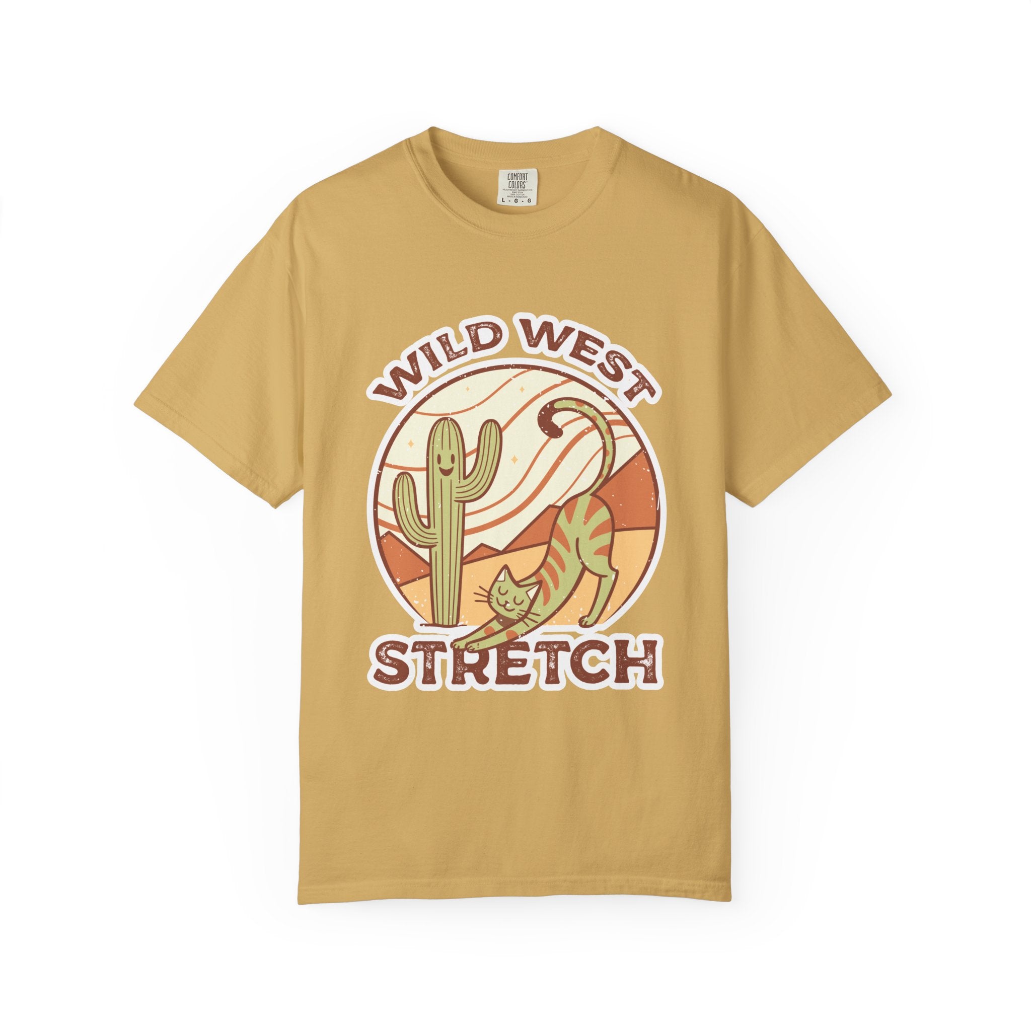 Cat Cowboy Yoga T-Shirt | Wild West Adventure Graphic Tee - Mustard / S