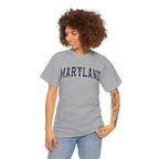 Woman wearing a gray 'Maryland' t-shirt on a white background
