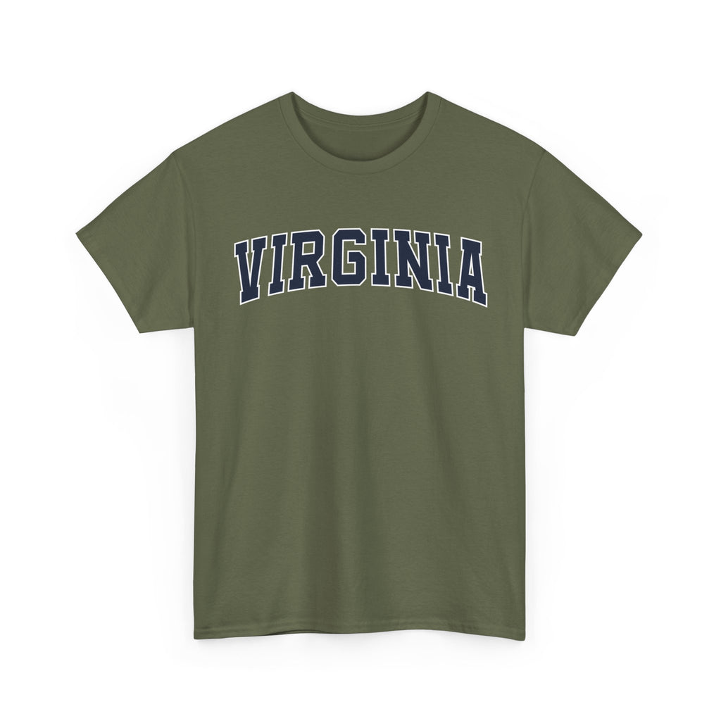 Green t-shirt with 'Virginia' printed on it against a white background