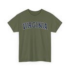 Green t-shirt with 'Virginia' printed on it against a white background