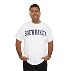 Man wearing a white t-shirt with 'South Dakota' text on a white background