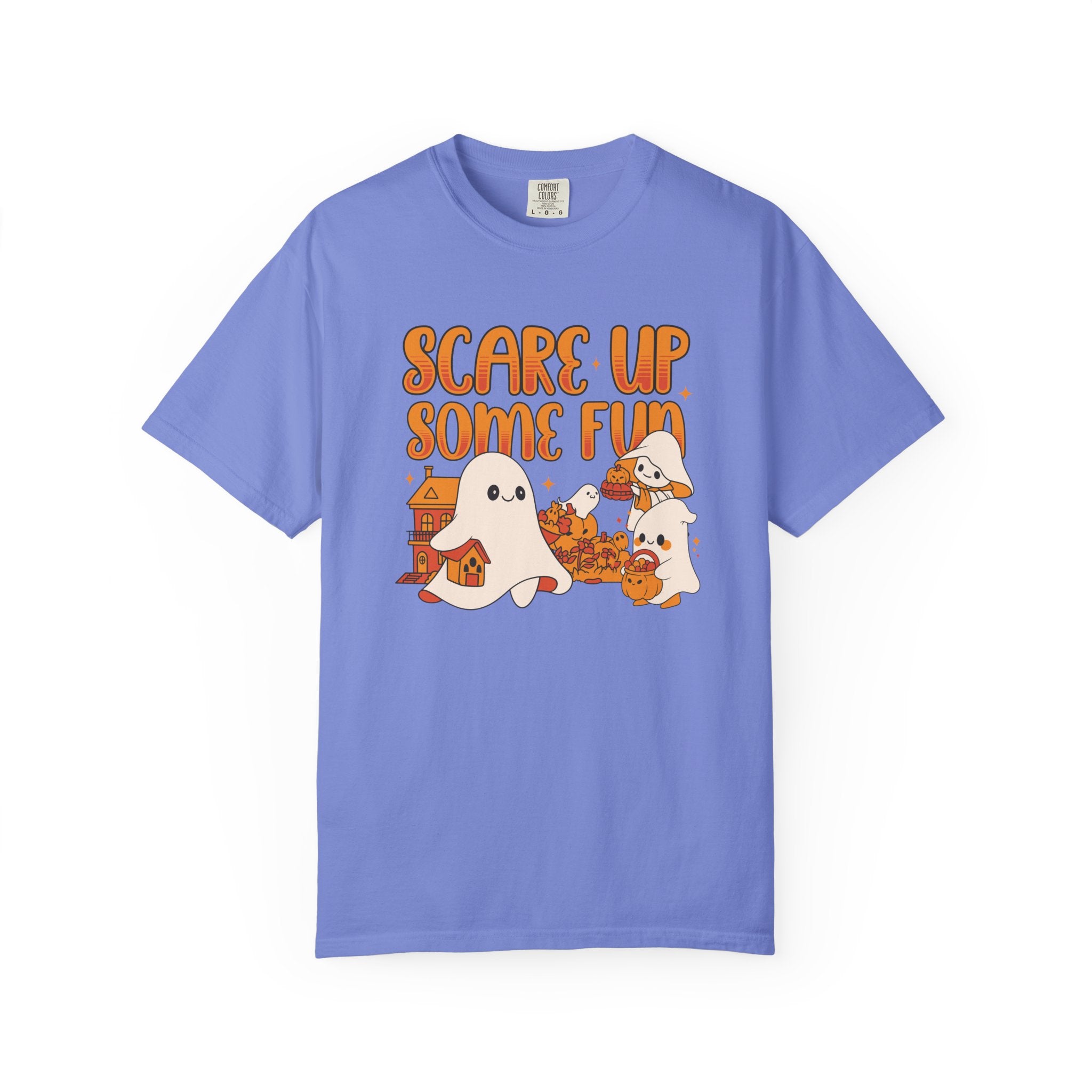 Funny Halloween Ghost T-Shirt: Spooky Pumpkin Design with ’Scare Up Some Fun’ Quote - Flo Blue / S - T-Shirt