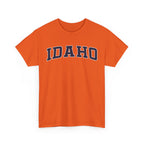 Orange t-shirt with 'IDAHO' printed on it against a white background