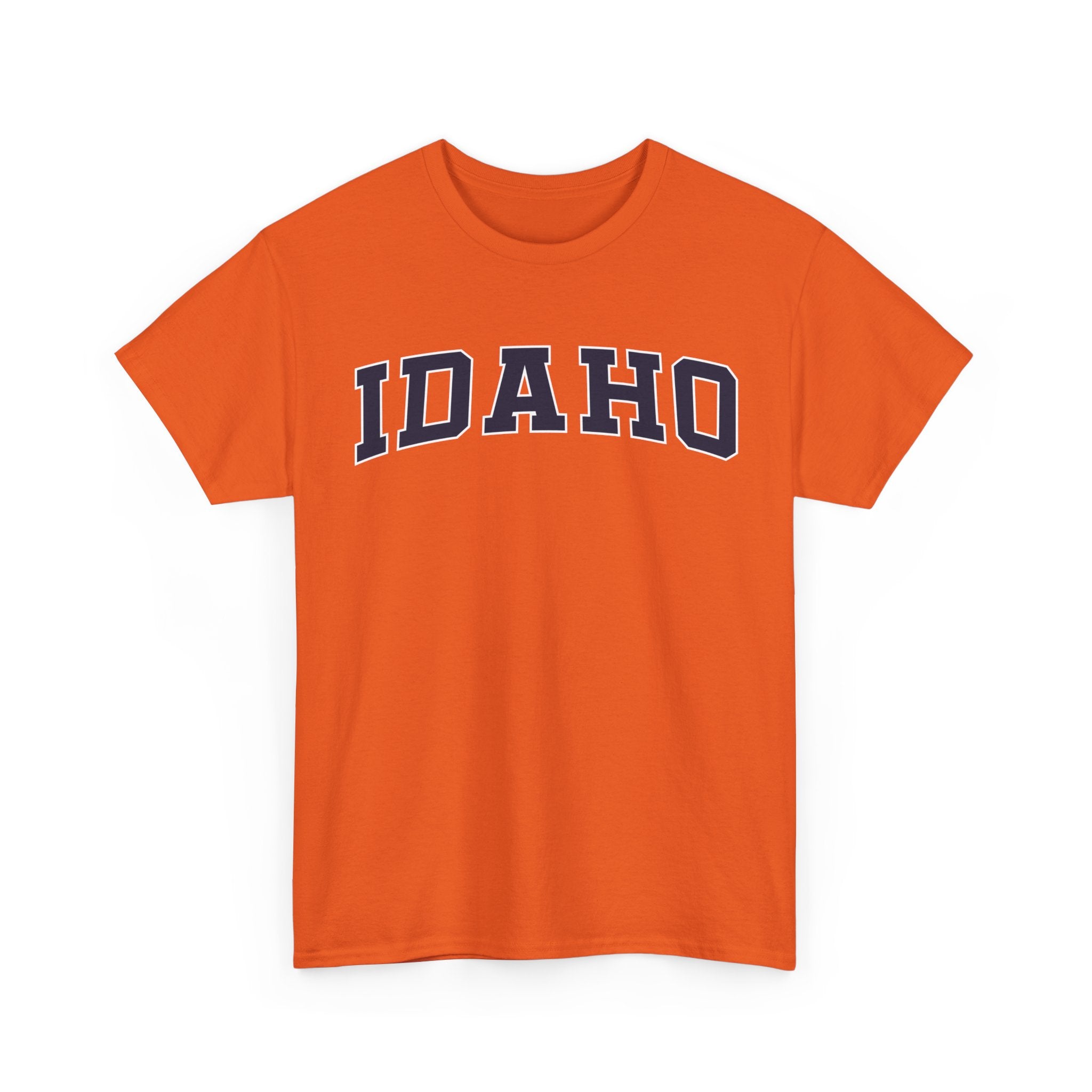 Orange t-shirt with 'IDAHO' printed on it against a white background