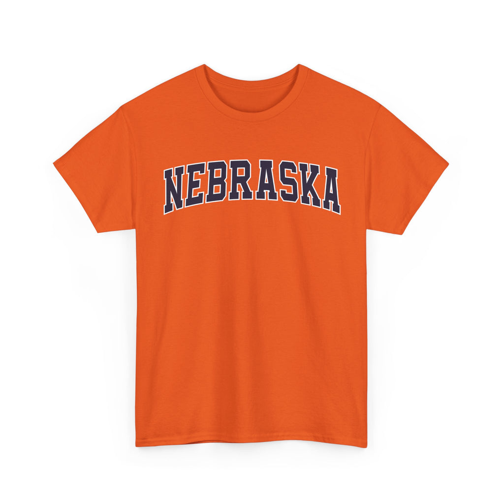 Orange t-shirt with 'NEBRASKA' printed on it against a white background
