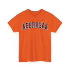 Orange t-shirt with 'NEBRASKA' printed on it against a white background