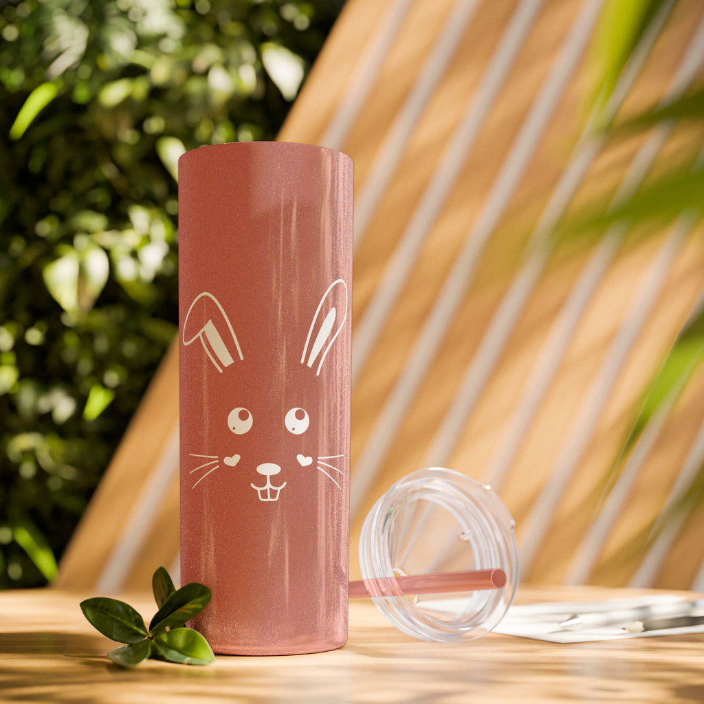 Cute Bunny Skinny Tumbler 20oz with Straw - Glossy / Glitter Dusty Rose / 20oz - Mug
