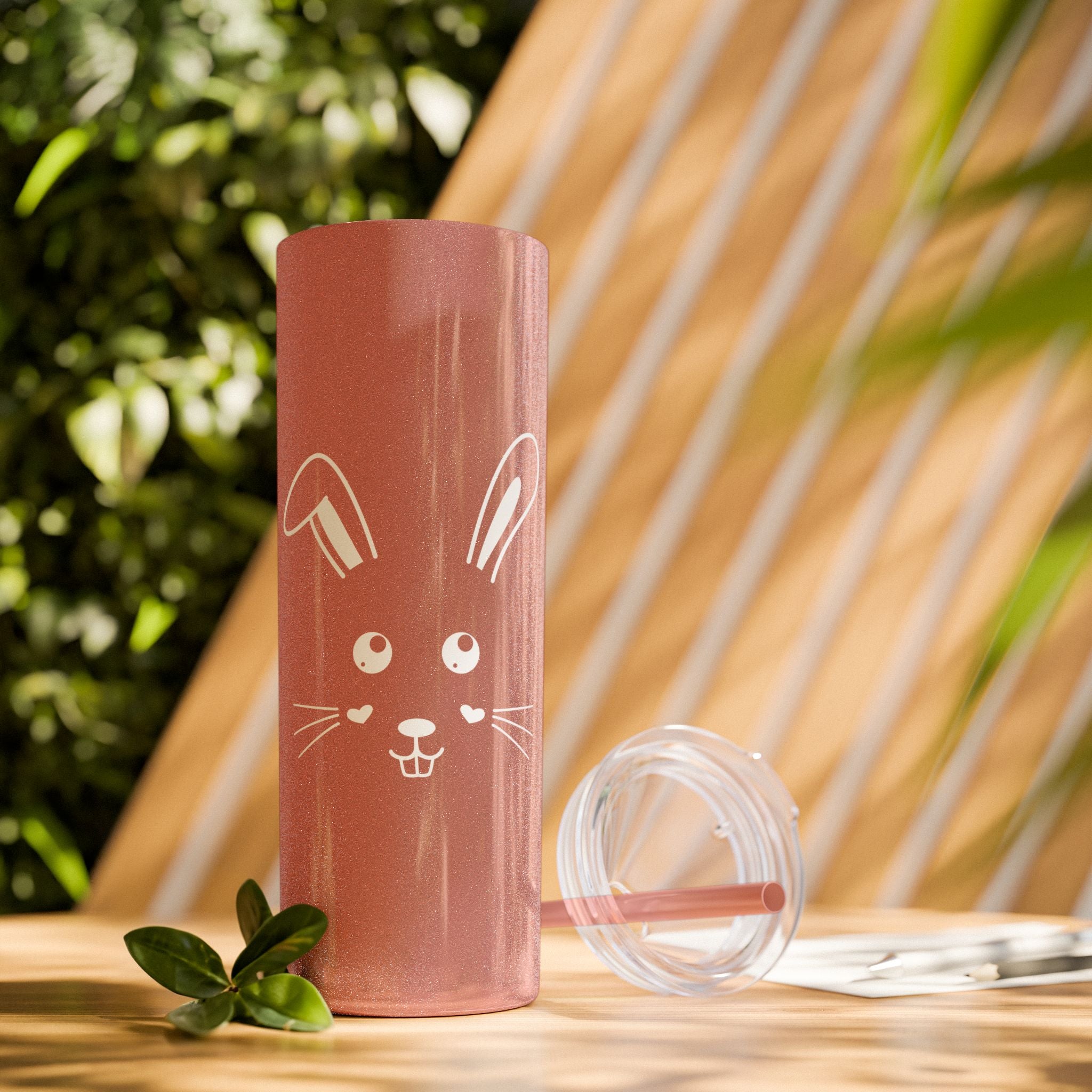 Cute Bunny Skinny Tumbler 20oz with Straw - Glossy / Glitter Dusty Rose / 20oz - Mug