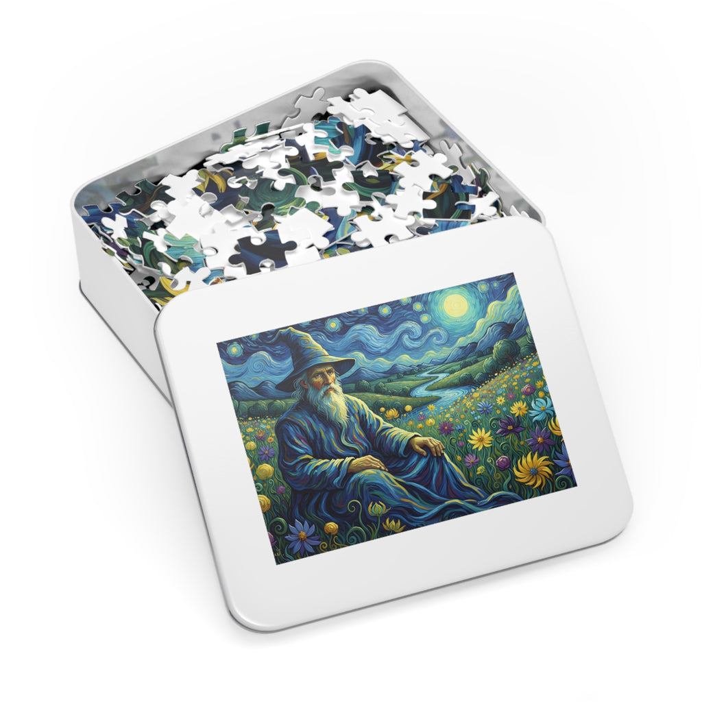 Jigsaw puzzle in a tin box with a colorful painting of a man in a hat and beard sitting in a field.