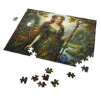 a mockup of a 500pcs Jigsaw puzzle set with a 'Majestic Elven Queen of Isekai Fantasy Forest' design on a white background