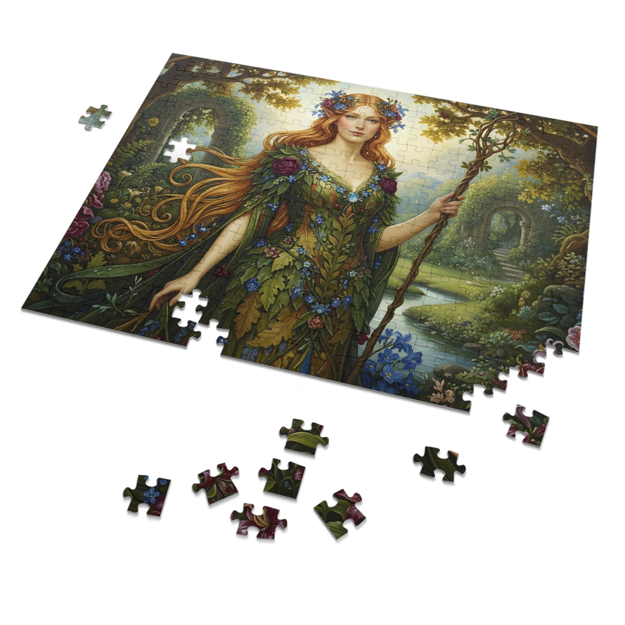 a mockup of a 500pcs Jigsaw puzzle set with a 'Majestic Elven Queen of Isekai Fantasy Forest' design on a white background