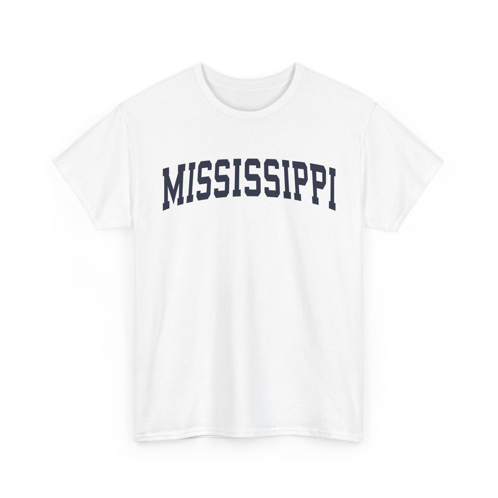 White t-shirt with 'MISSISSIPPI' printed in navy on a white background