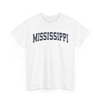 White t-shirt with 'MISSISSIPPI' printed in navy on a white background